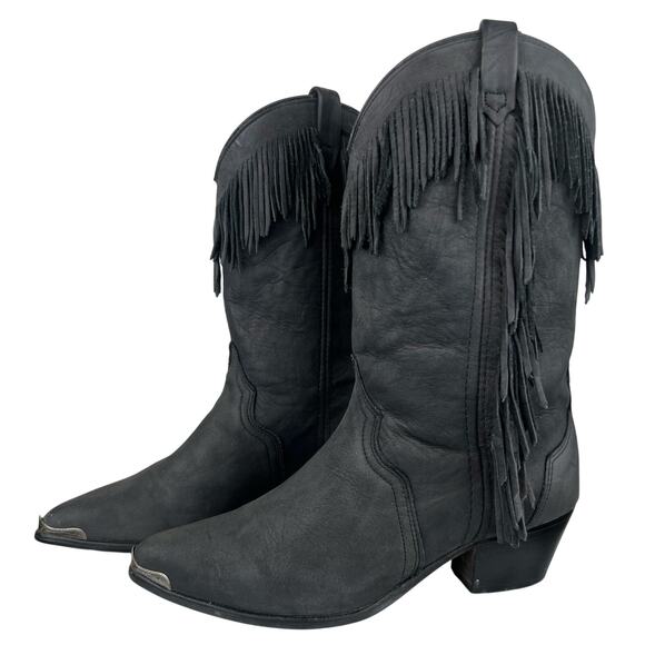 Vintage ACME Women's Black Leather Fringe Western Cowboy Boots Retro (Sz 8) - Picture 1 of 13